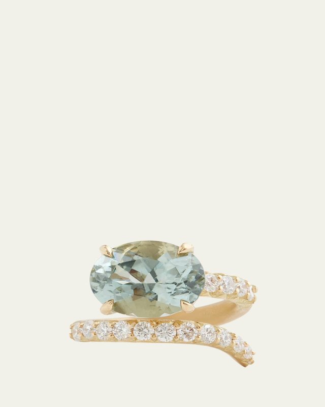 18K Yellow Gold Script Ring with Light Green Tourmaline Oval and Diamonds